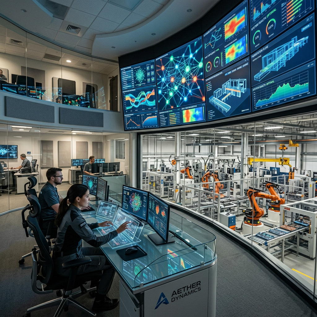 MRP4 View - Engineers using multiple monitors to oversee robotic manufacturing operations