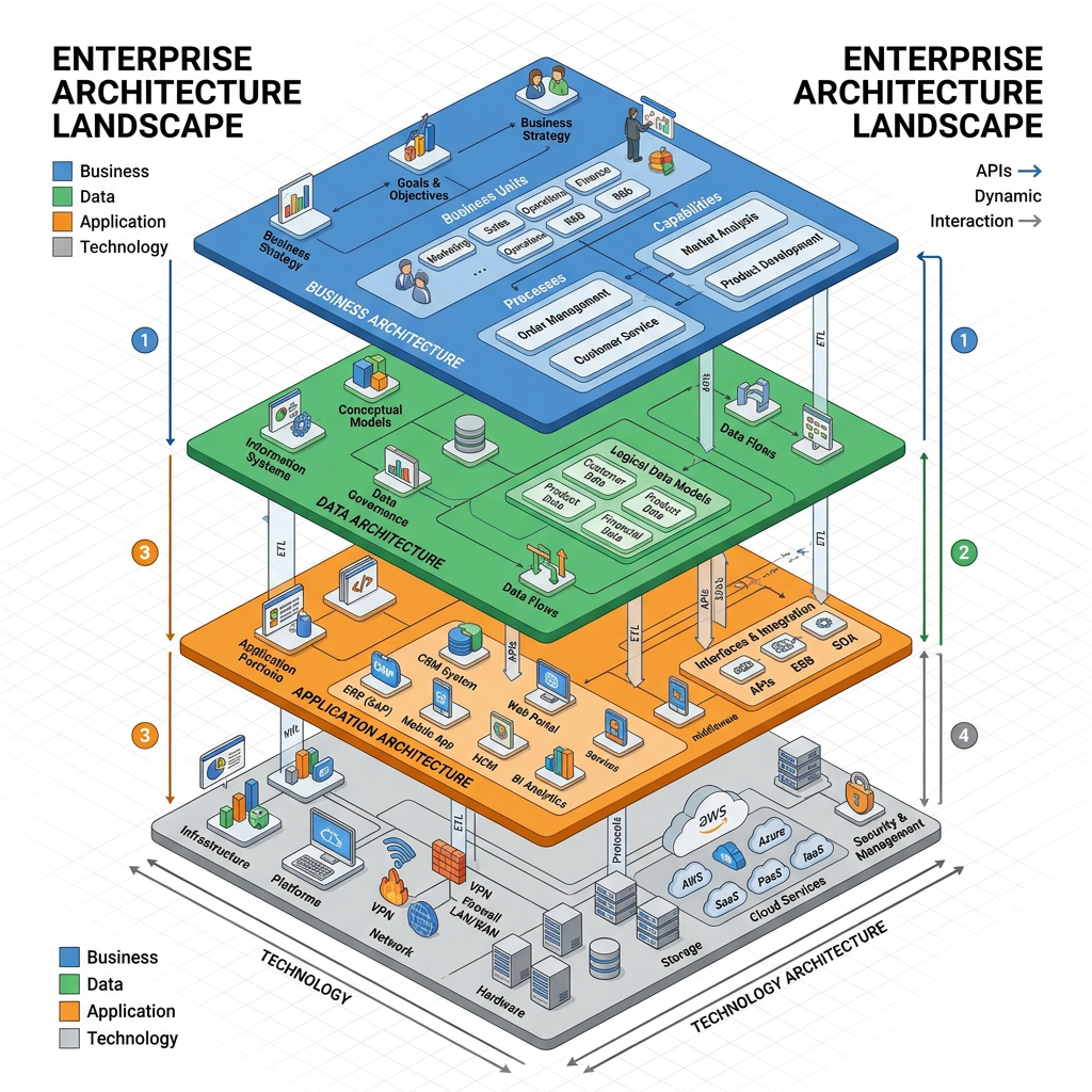 TOGAF® Principles and DPBoK Contexts - Four-layered enterprise architecture landscape showing business, data, application, and technology domains with labeled components