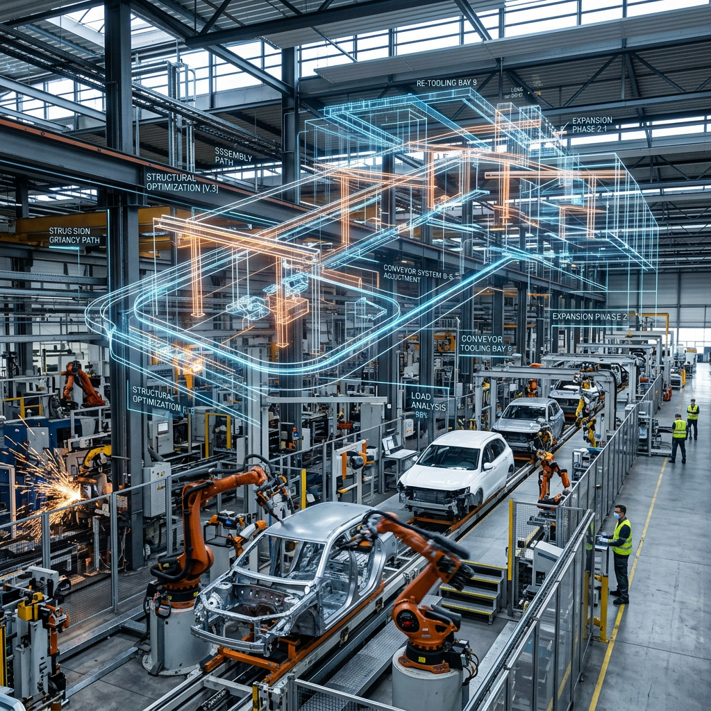 Robotic arms assembling car bodies on an automotive production line with digital manufacturing blueprint overlay - Utilizing TOGAF's Four Abstraction Levels