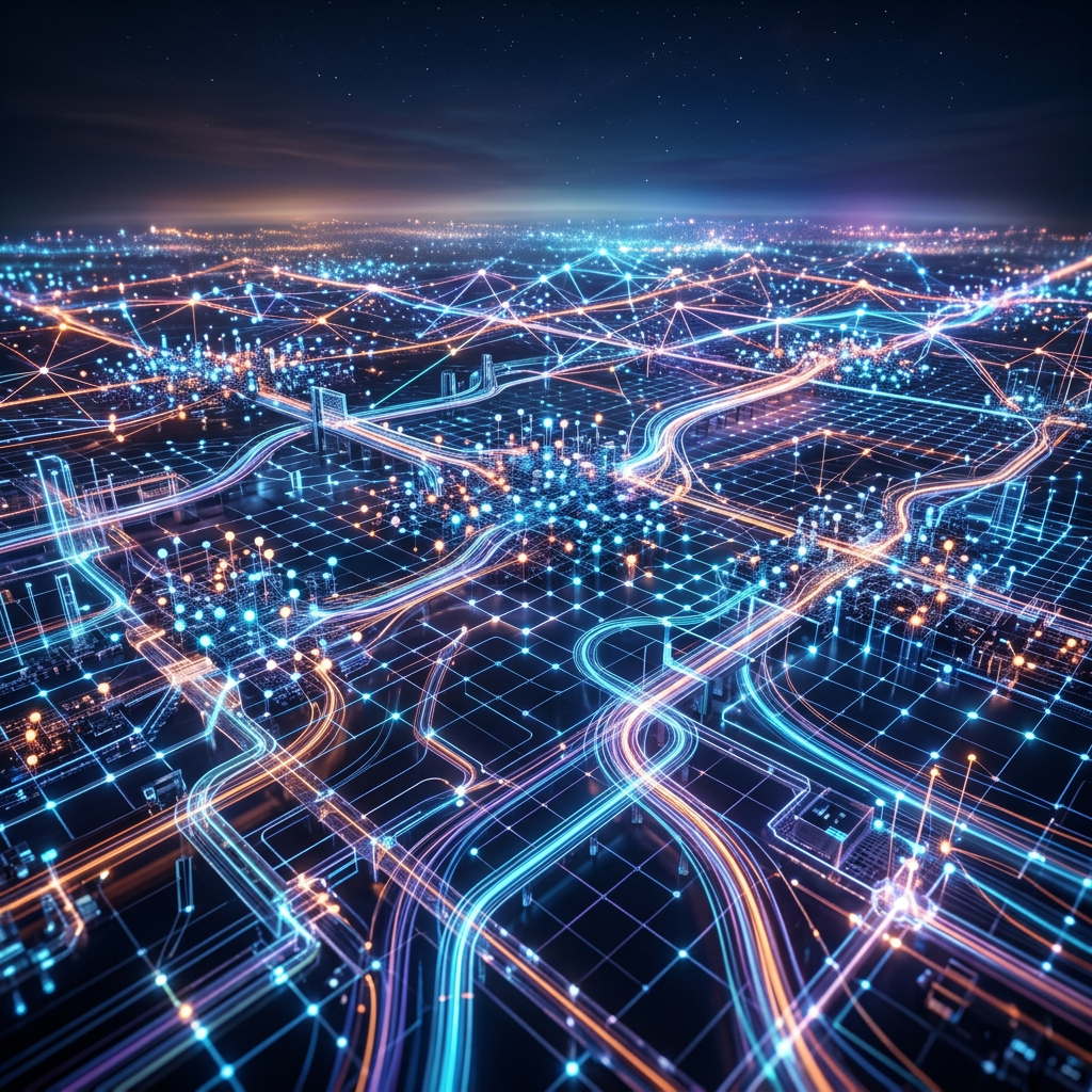 Futuristic digital city map with illuminated data connections and roads - image of Architecture Repository