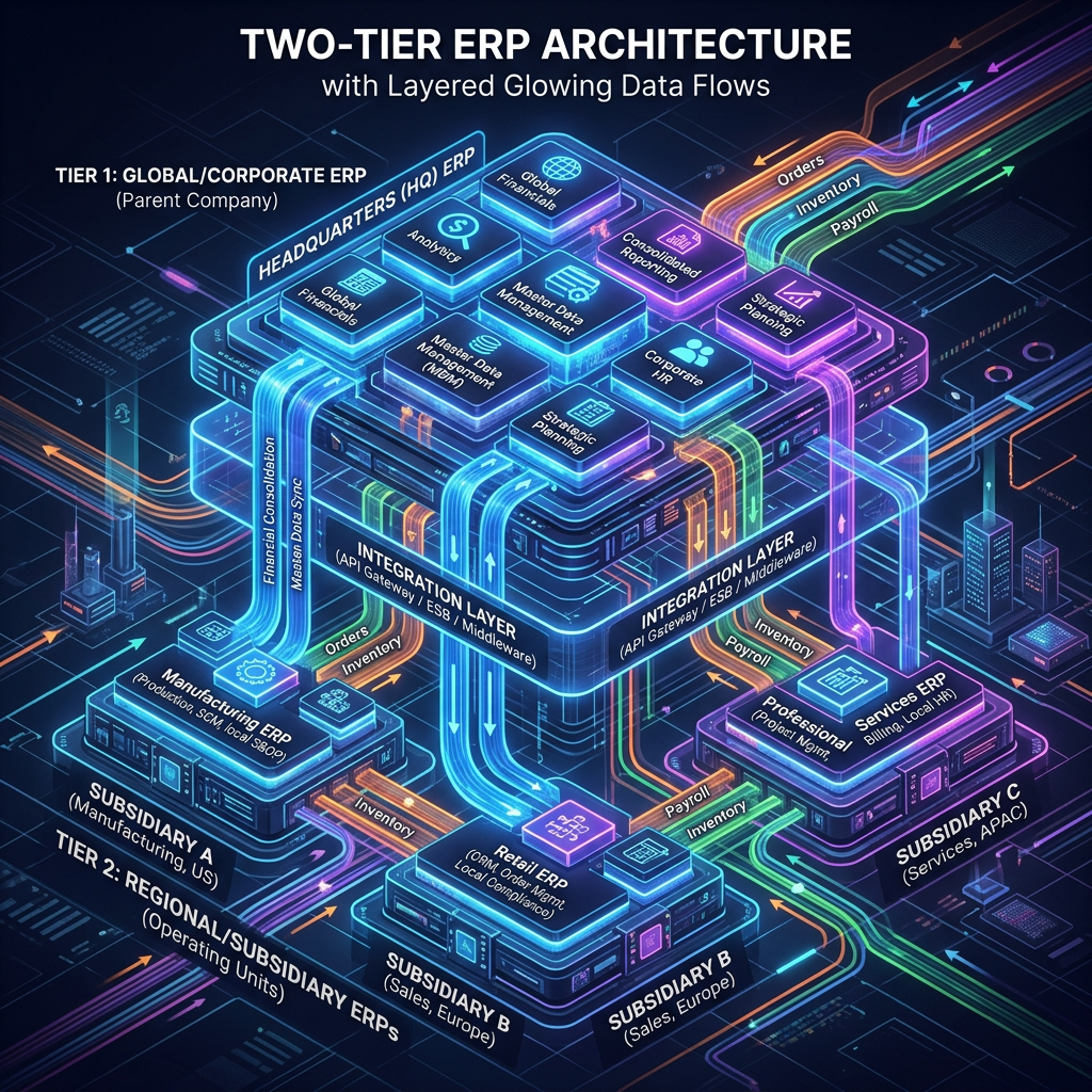 Two-tier ERP architecture diagram with global corporate ERP and regional subsidiary ERPs connected by integration layers
