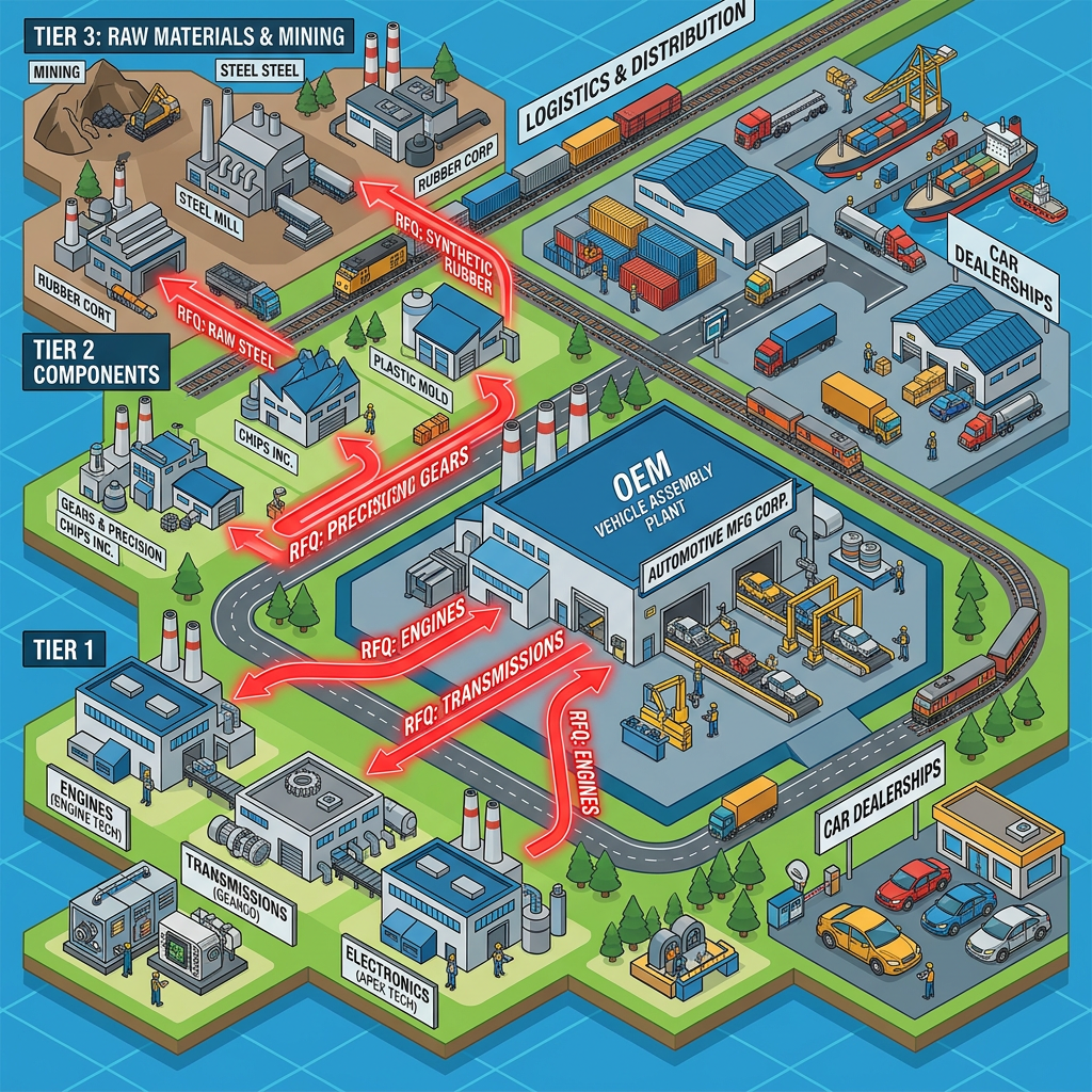 Diagram showing automotive supply chain tiers from raw materials mining to vehicle assembly and distribution.