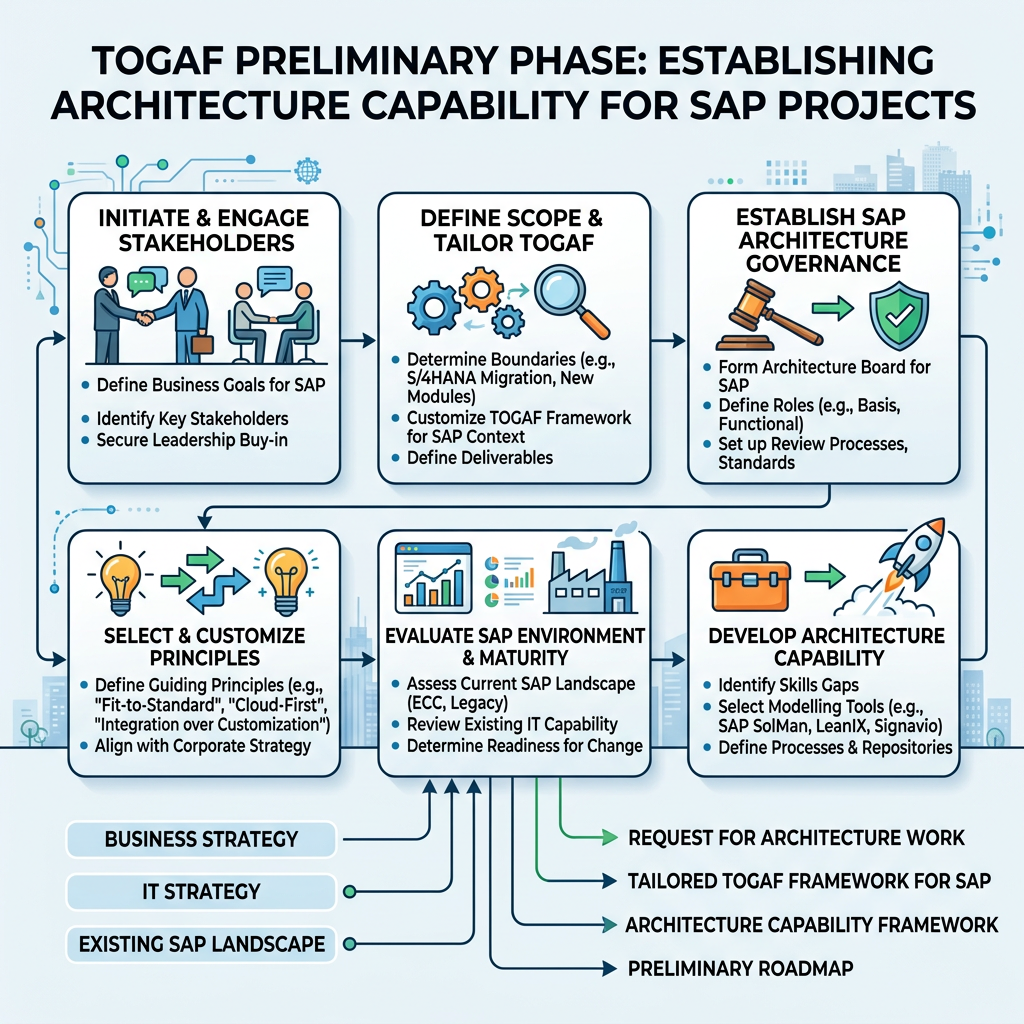 Flowchart showing steps to establish architecture capability for SAP projects in TOGAF preliminary phase