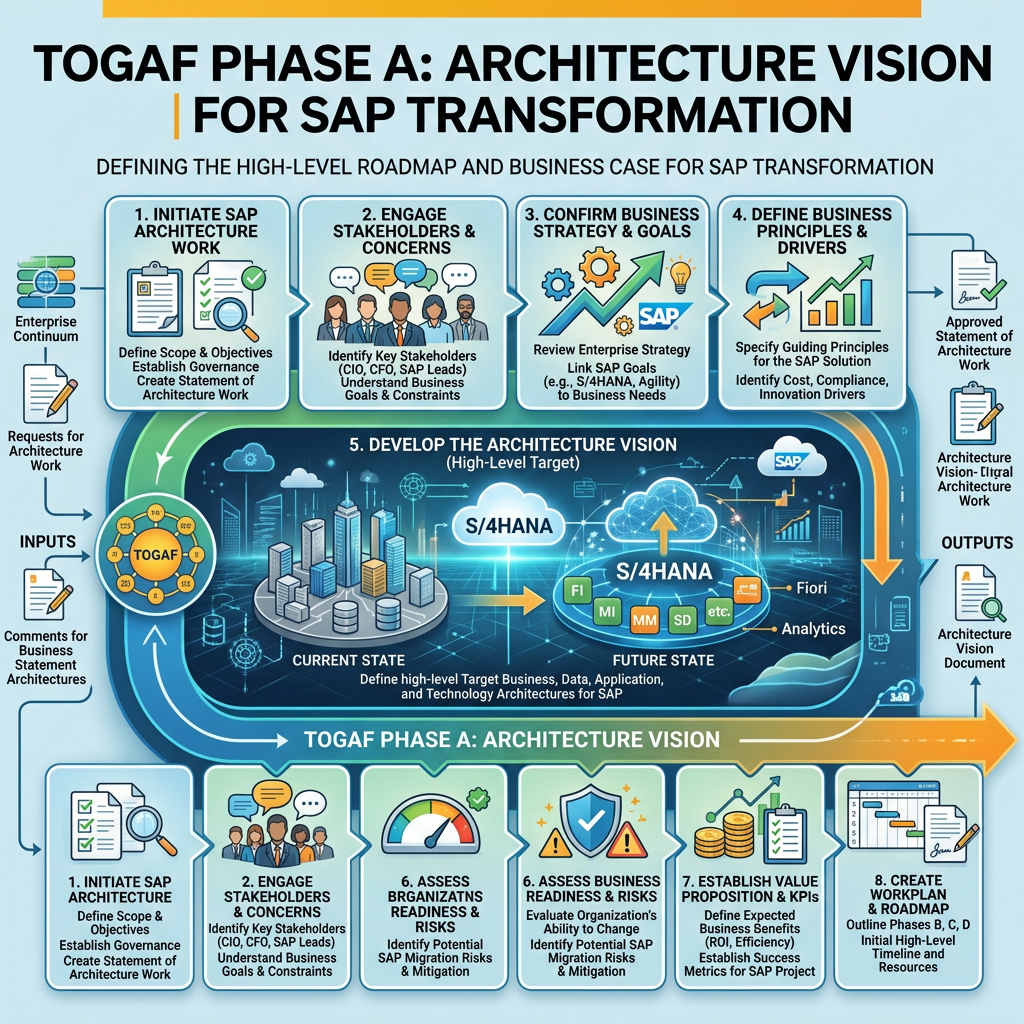 Diagram of TOGAF ADM Phase A architecture vision steps for SAP transformation