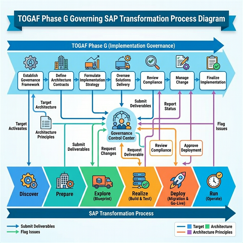 Diagram showing TOGAF ADM Phase G governing SAP transformation process with governance framework and SAP transformation stages