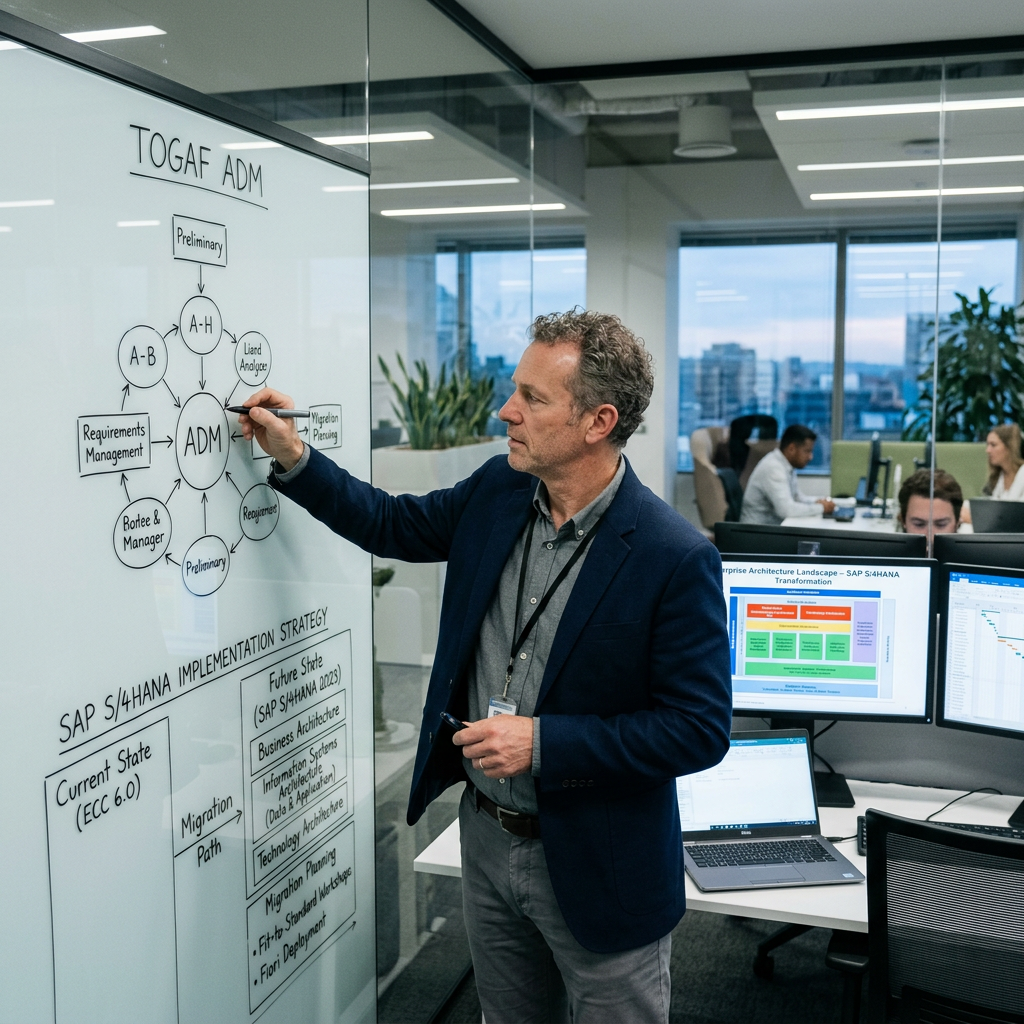 TOGAF Architecture Principles - Man drawing TOGAF ADM diagram on whiteboard in office setting