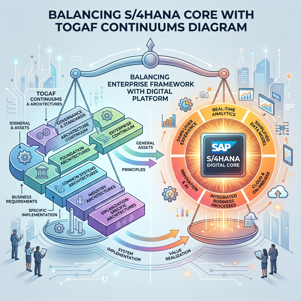 TOGAF Architecture Continuum and Solution Continuum - Diagram balancing TOGAF continuums and SAP S/4HANA digital core platform