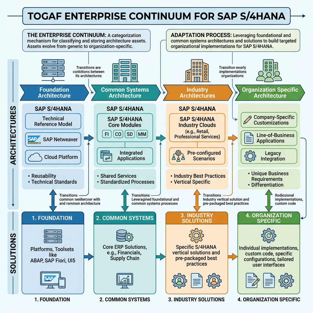 Diagram showing TOGAF enterprise continuum stages and SAP S/4HANA architecture layers