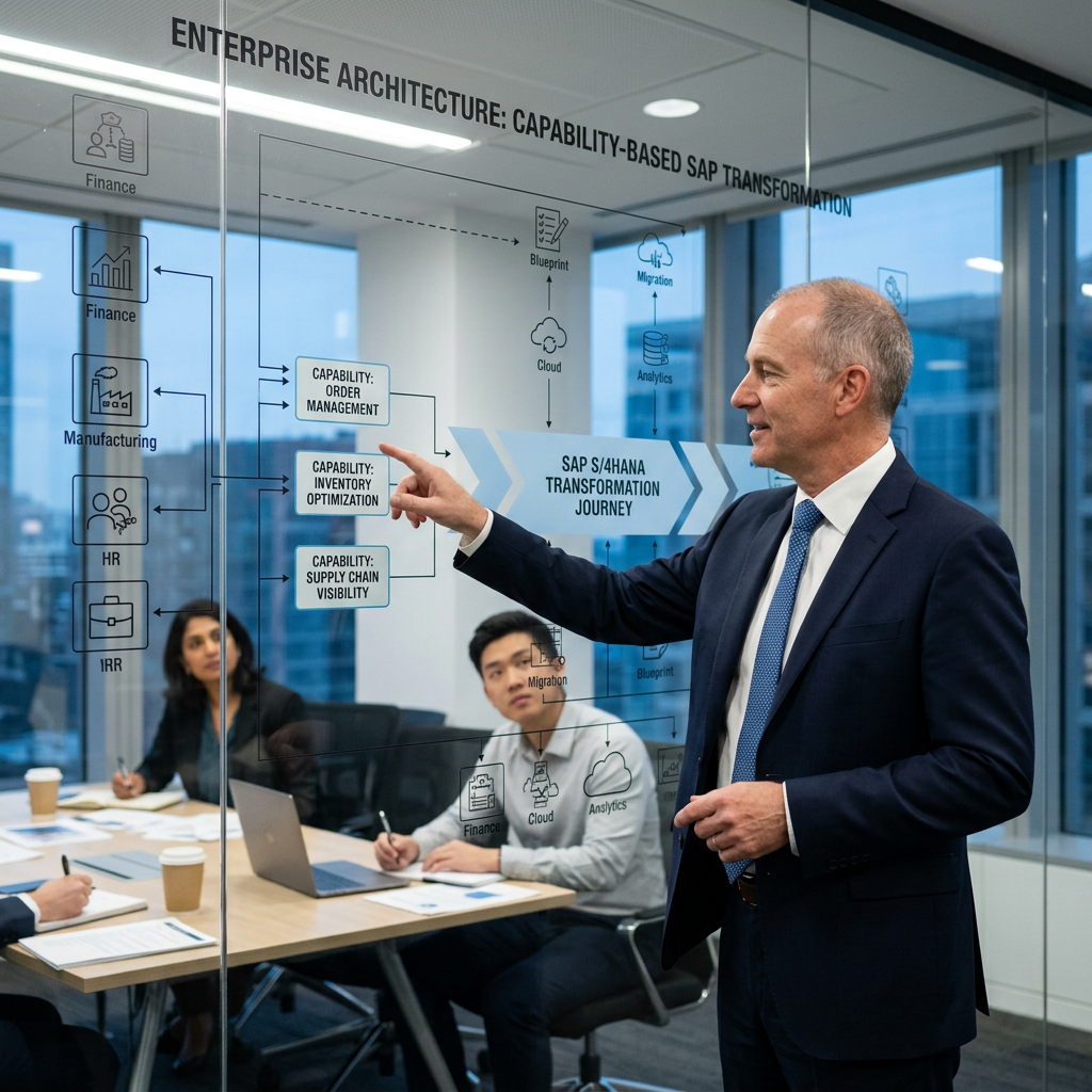 Businessman pointing to SAP S/4HANA transformation journey flowchart on glass wall during meeting