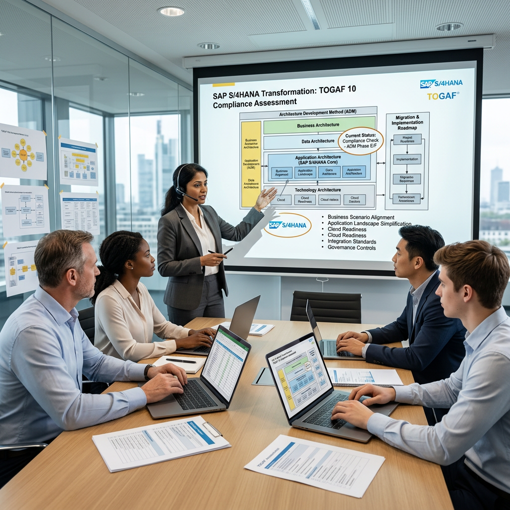 Business meeting discussing SAP S/4HANA TOGAF 10 compliance assessment and architecture development method