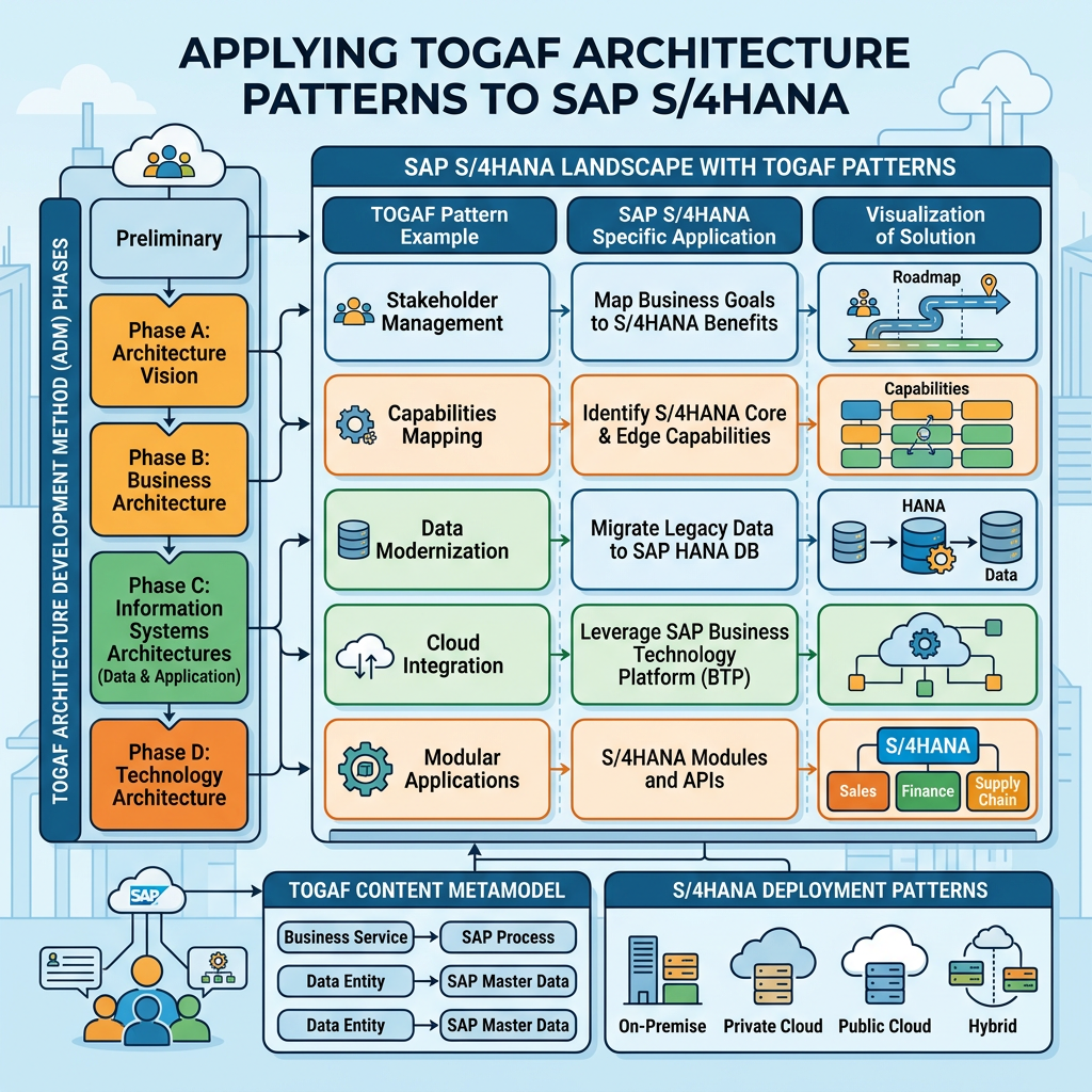Diagram showing TOGAF ADM phases aligned with SAP S/4HANA patterns and deployment options