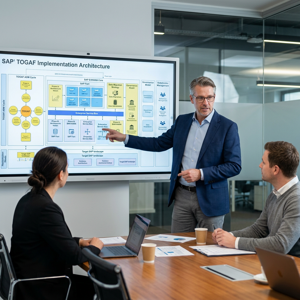 Man pointing to SAP TOGAF Implementation Architecture chart on screen during meeting