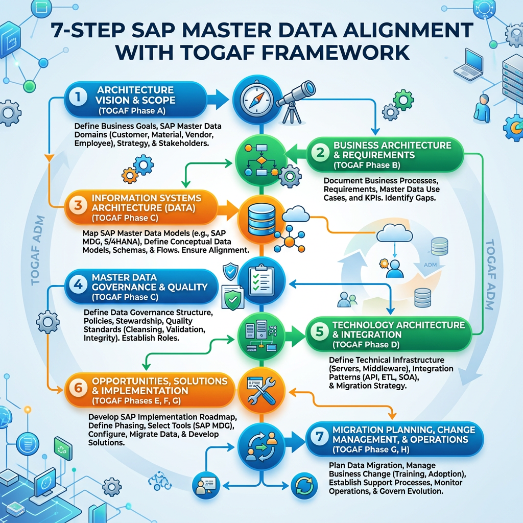 7-step SAP master data alignment process with TOGAF framework phases and key activities
