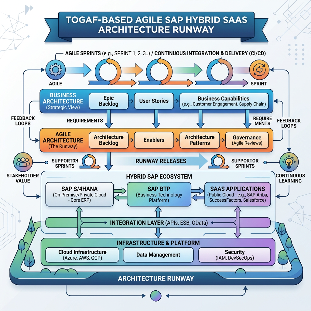 Diagram of TOGAF-based agile SAP hybrid SaaS architecture runway showing agile sprints, business architecture, agile architecture, hybrid SAP ecosystem with SAP S/4HANA, SAP BTP, SaaS applications, integration layer, and infrastructure platform.