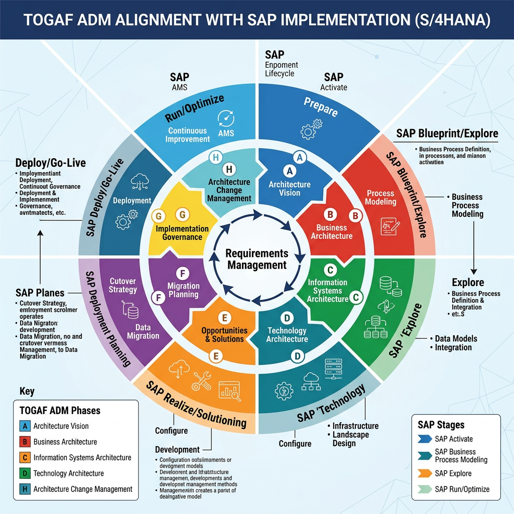 TOGAF ADM phases mapped to SAP S/4HANA implementation stages circular diagram with detailed labels