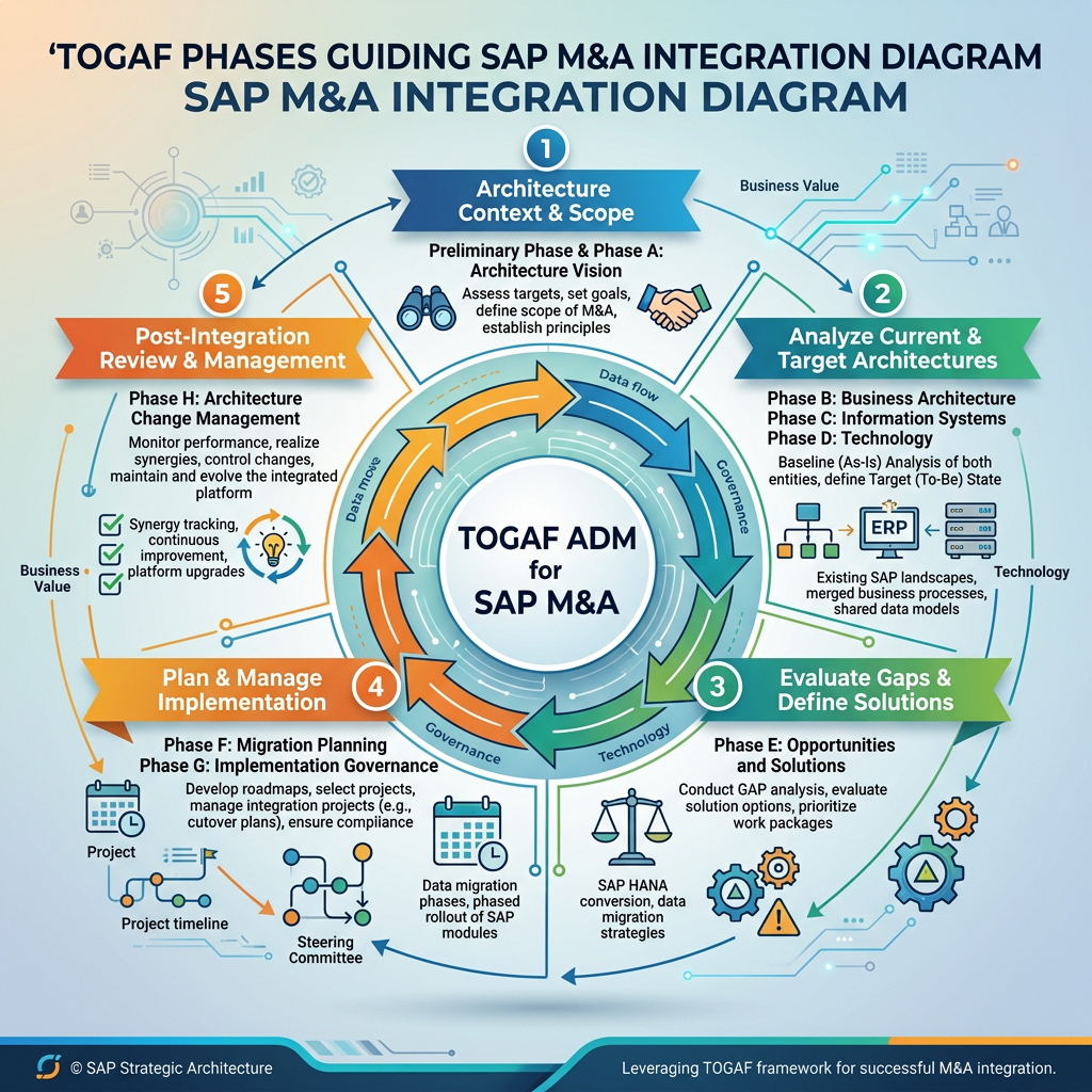 TOGAF ADM cycle for SAP M&A integration showing five phases: Architecture Context & Scope, Analyze Current & Target Architectures, Evaluate Gaps & Define Solutions, Plan & Manage Implementation, Post-Integration Review & Management.