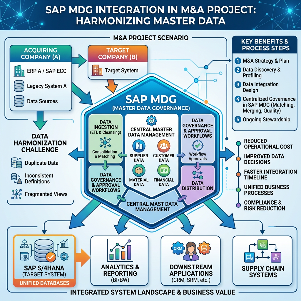 SAP Master Data Governance workflow integrating acquiring and target companies’ data for harmonization and distribution