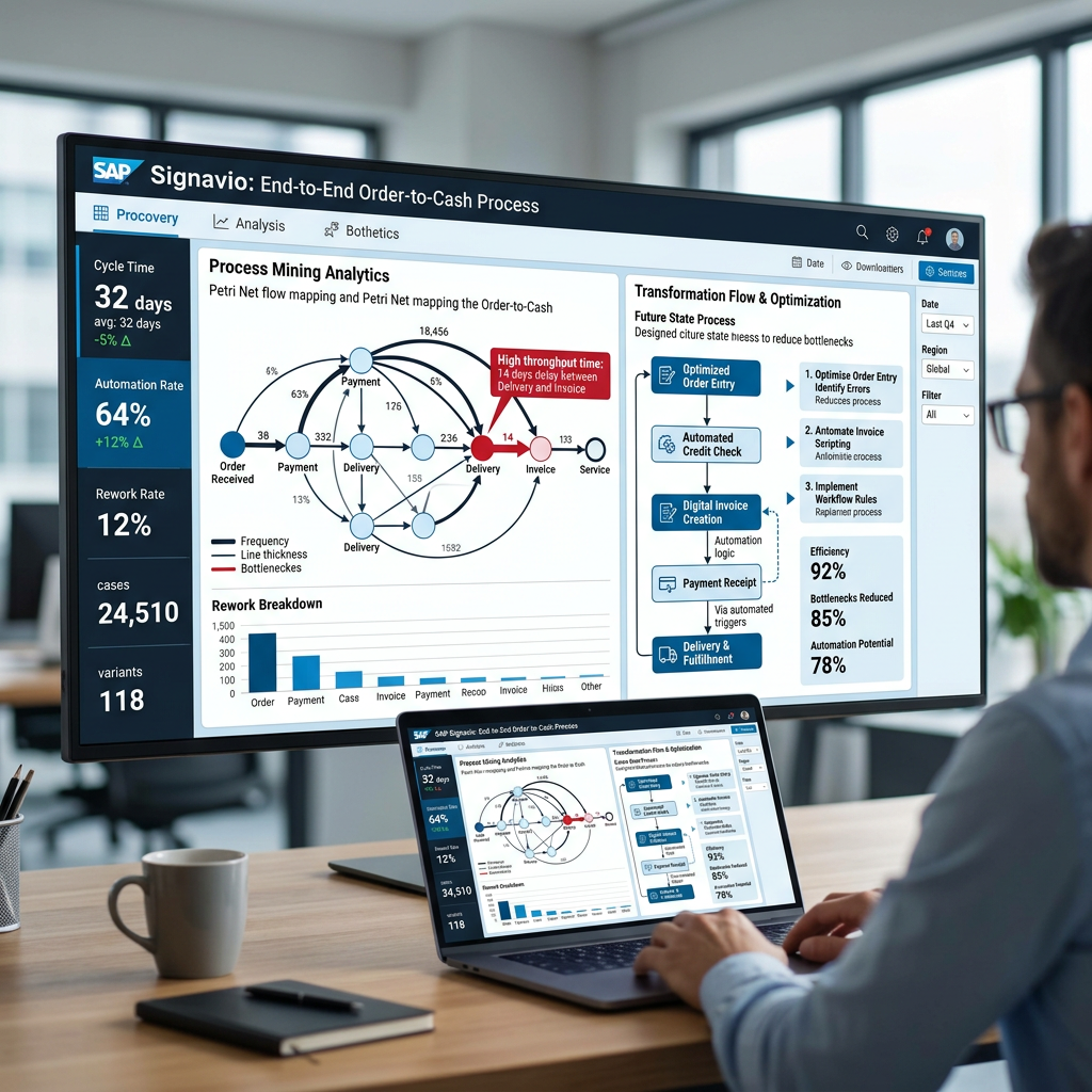 Dashboard showing process mining analytics and optimization flow for order-to-cash process in SAP Signavio software