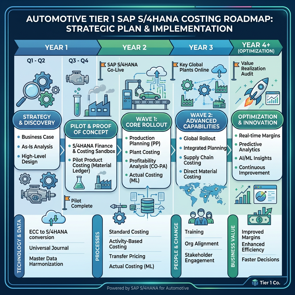 Automotive SAP S/4HANA costing implementation roadmap with strategy, pilot, rollout, advanced capabilities, and optimization phases.