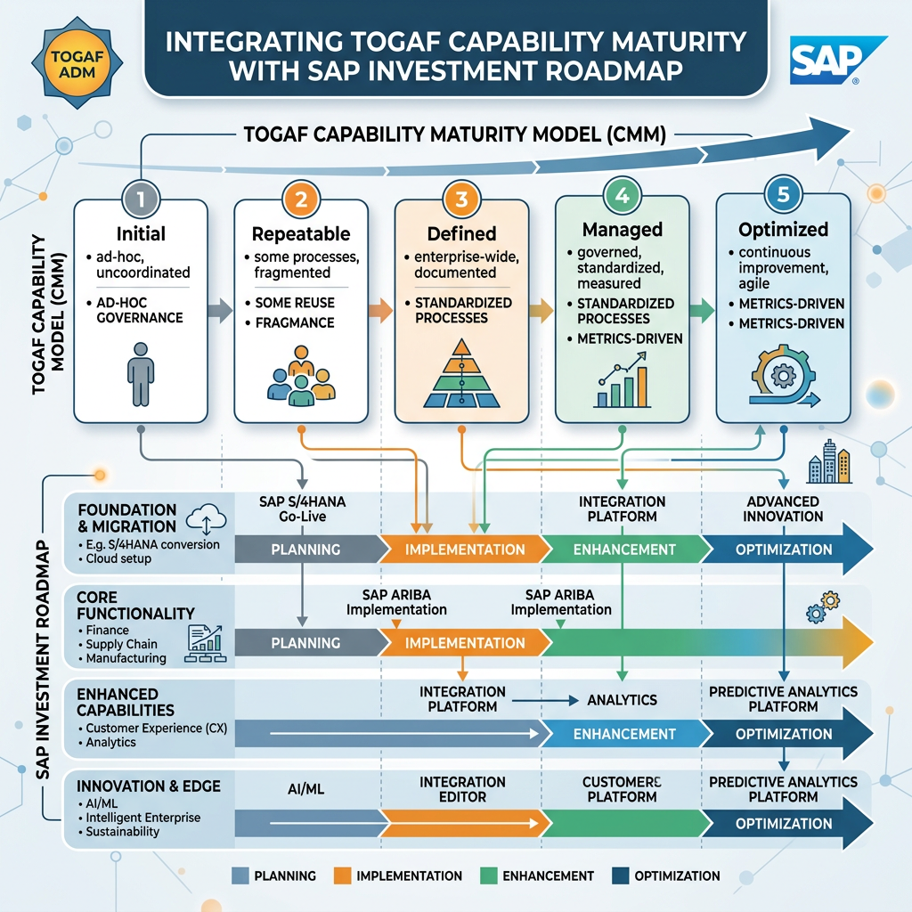 TOGAF capability maturity model stages integrated with SAP investment roadmap from foundation to optimization phases.