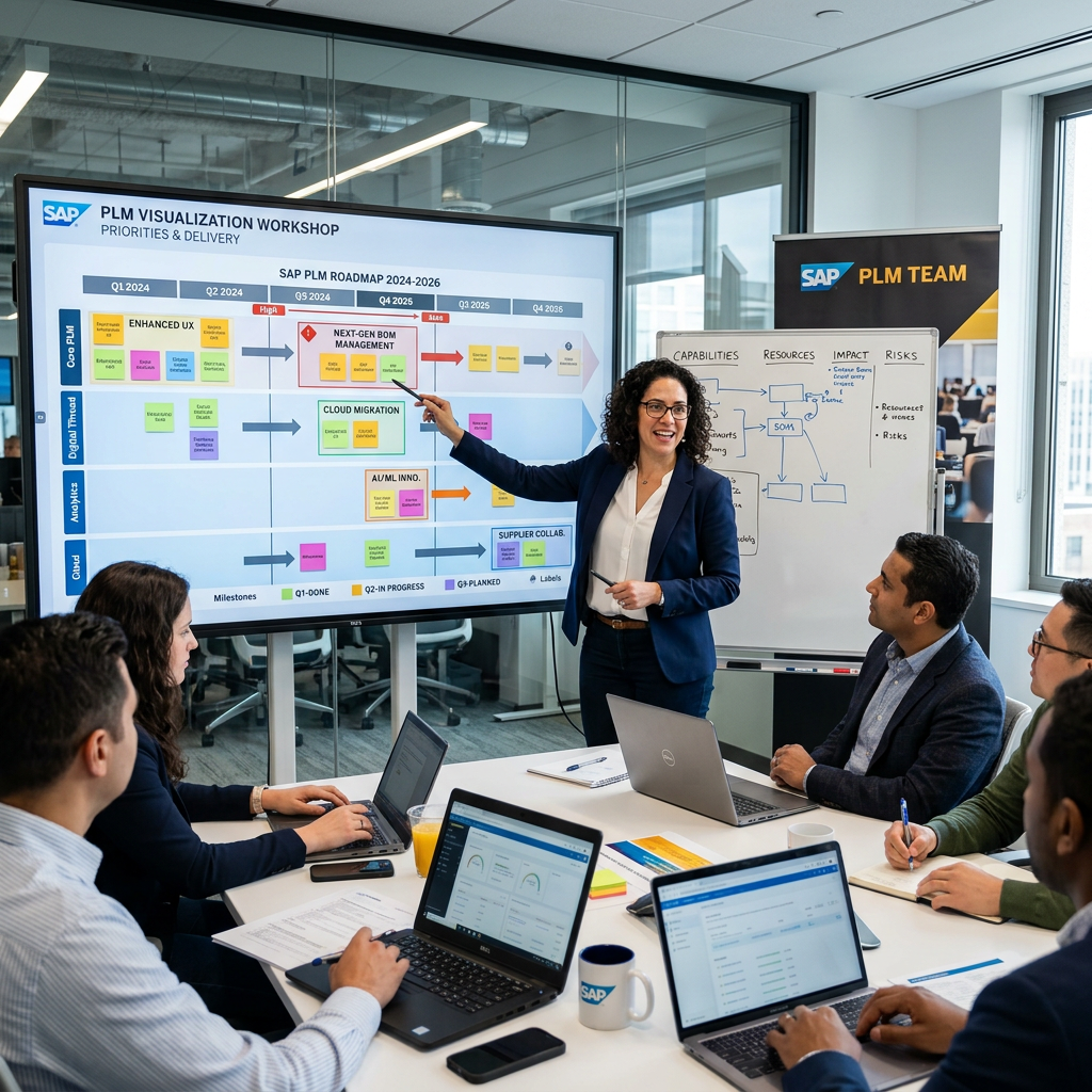 Businesswoman presenting SAP PLM roadmap to colleagues in meeting room