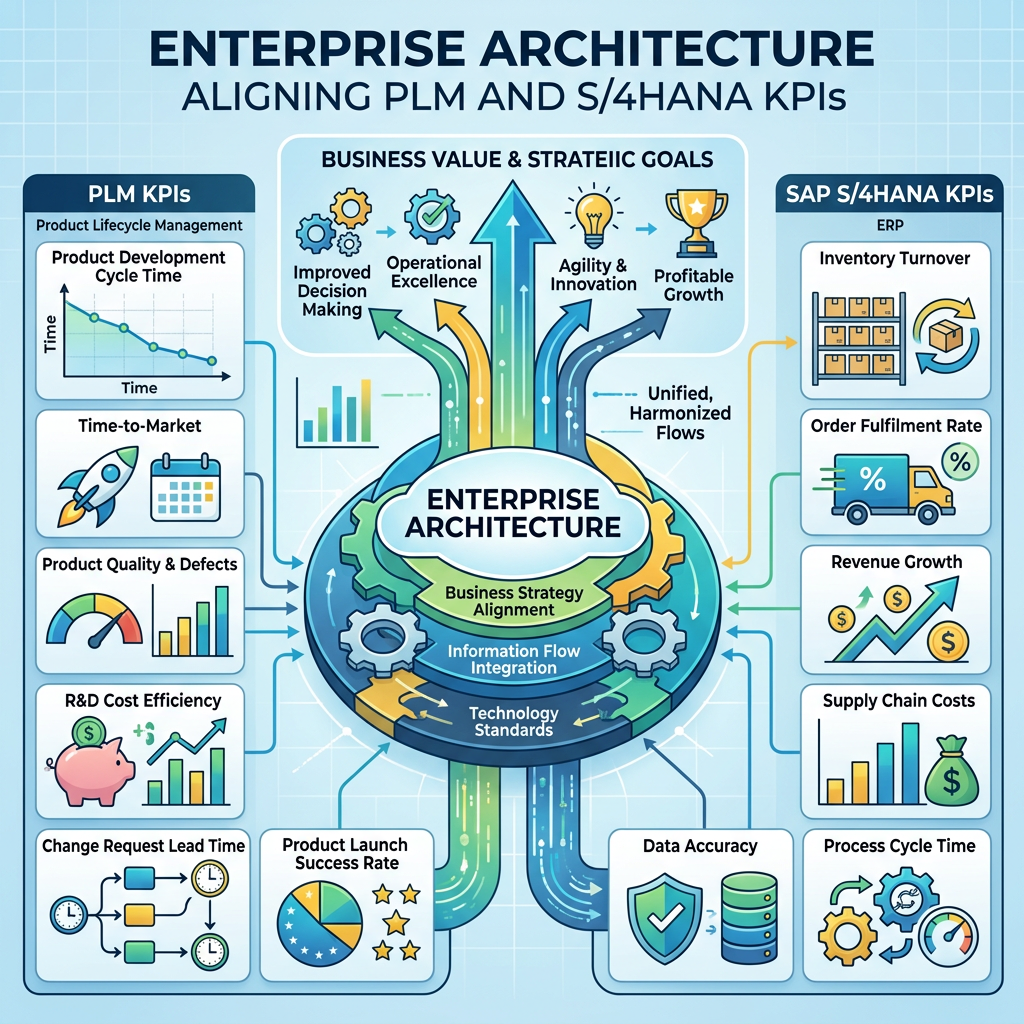 Infographic depicting alignment of PLM KPIs and SAP S/4HANA KPIs through enterprise architecture for business strategy alignment.