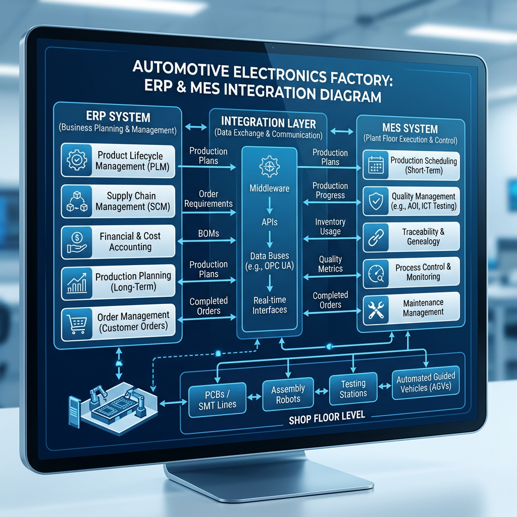 ERP and MES integration diagram for automotive electronics factory showing data exchange, business processes, and shop floor operations