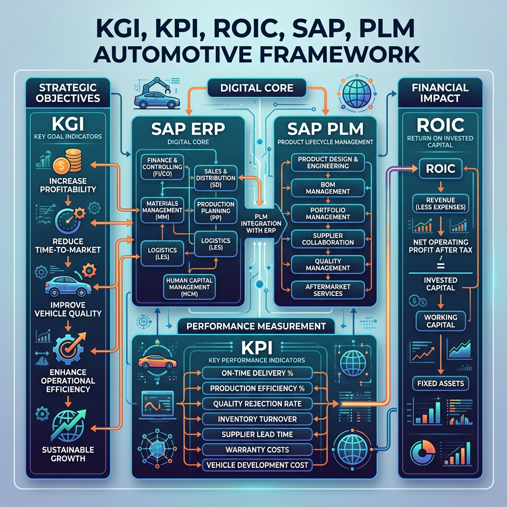 Diagram showing automotive strategic objectives, SAP ERP and PLM integration, KPI performance measures, and financial impact with ROIC.