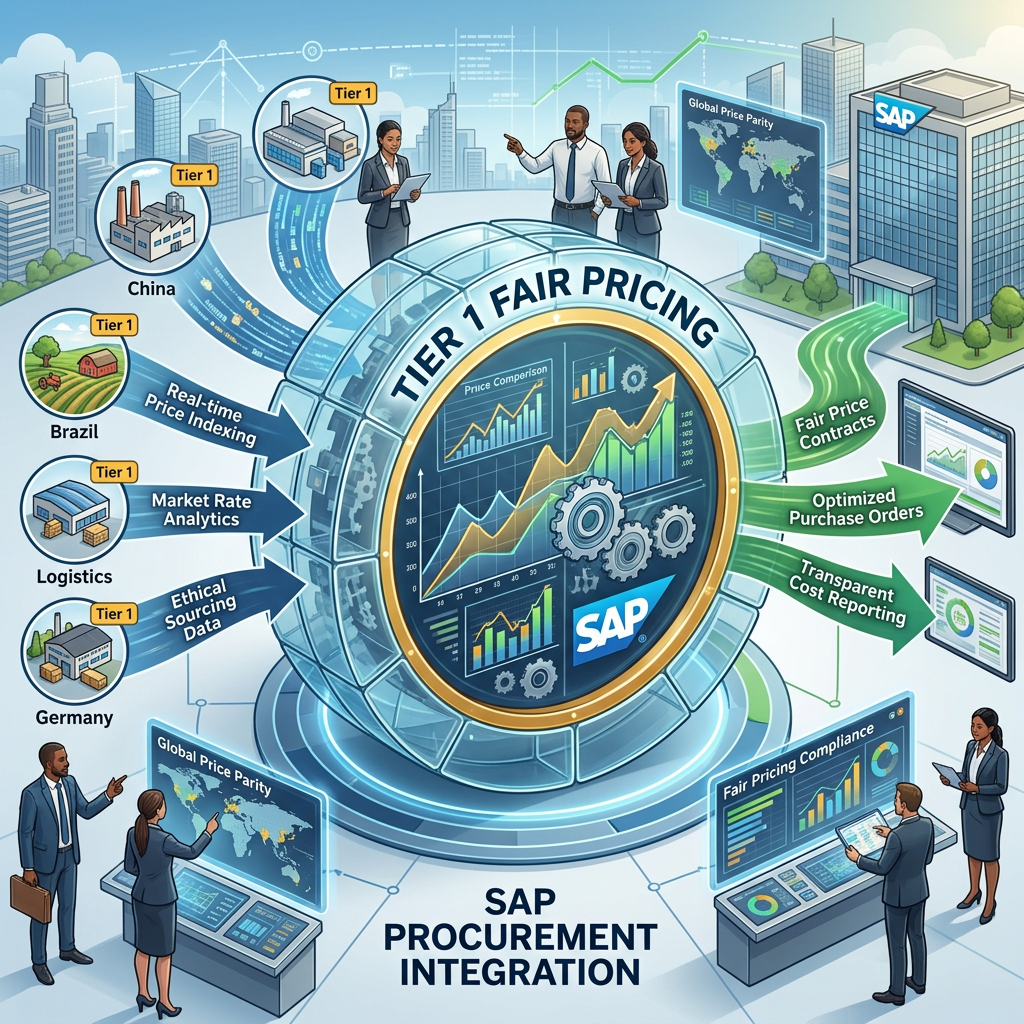 SAP procurement integration illustrating Tier 1 fair pricing with real-time price indexing, market analytics, ethical sourcing data, and compliance