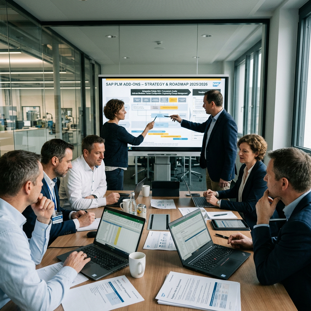 Business professionals in a conference room discussing SAP PLM add-ons strategy and roadmap