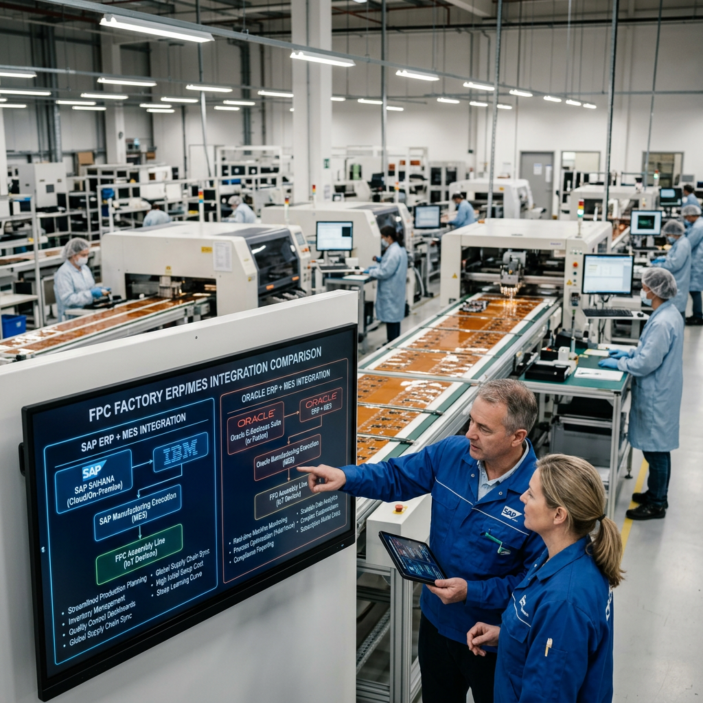 Two factory workers in blue coats reviewing an ERP and MES integration comparison on a large screen with assembly lines in the background