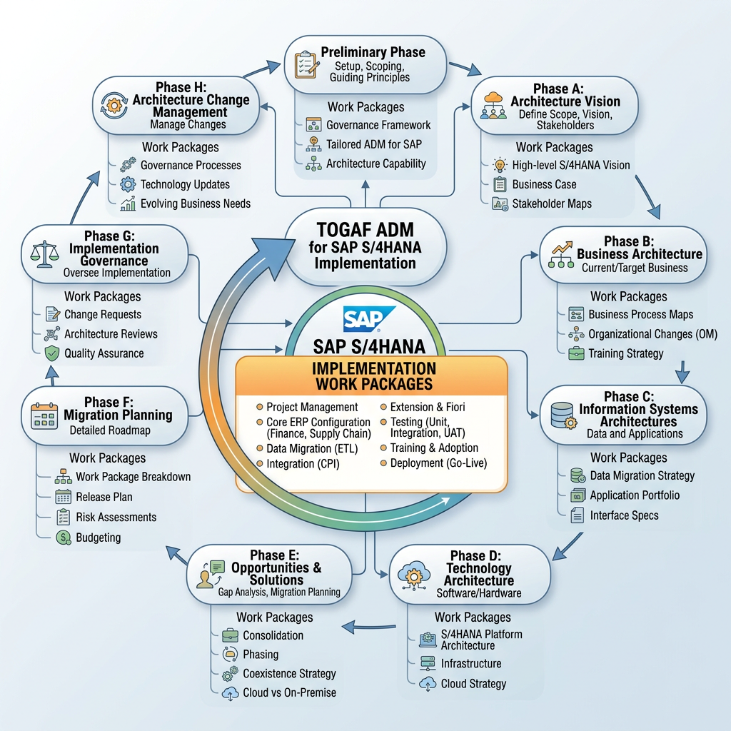 Diagram of TOGAF ADM phases for SAP S/4HANA implementation showing phases and work packages.