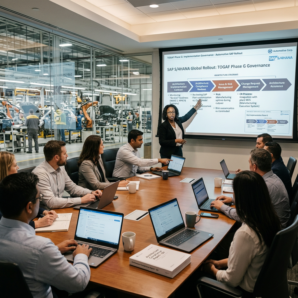 Group of professionals in a conference room with laptops reviewing SAP S/4HANA global rollout governance presentation