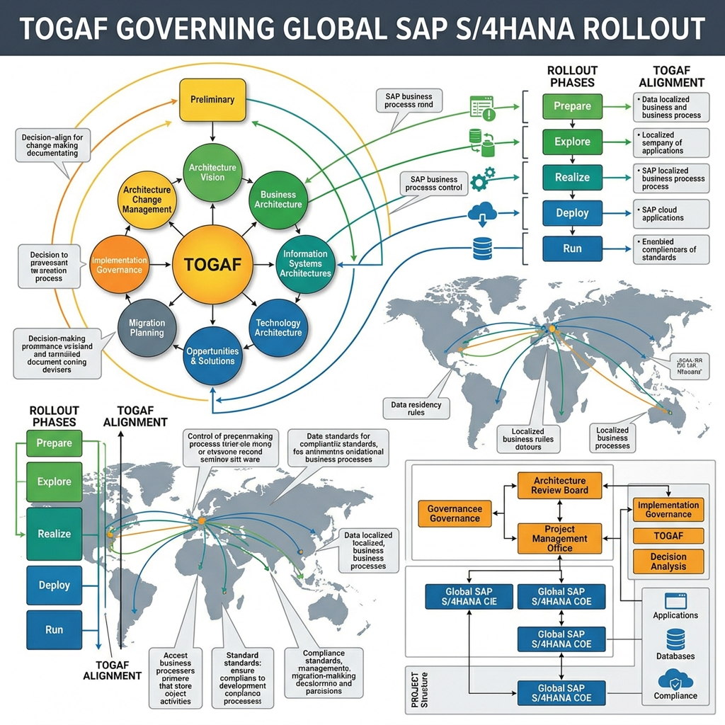 Diagram showing TOGAF framework elements and their alignment with SAP S/4HANA rollout phases and governance structures