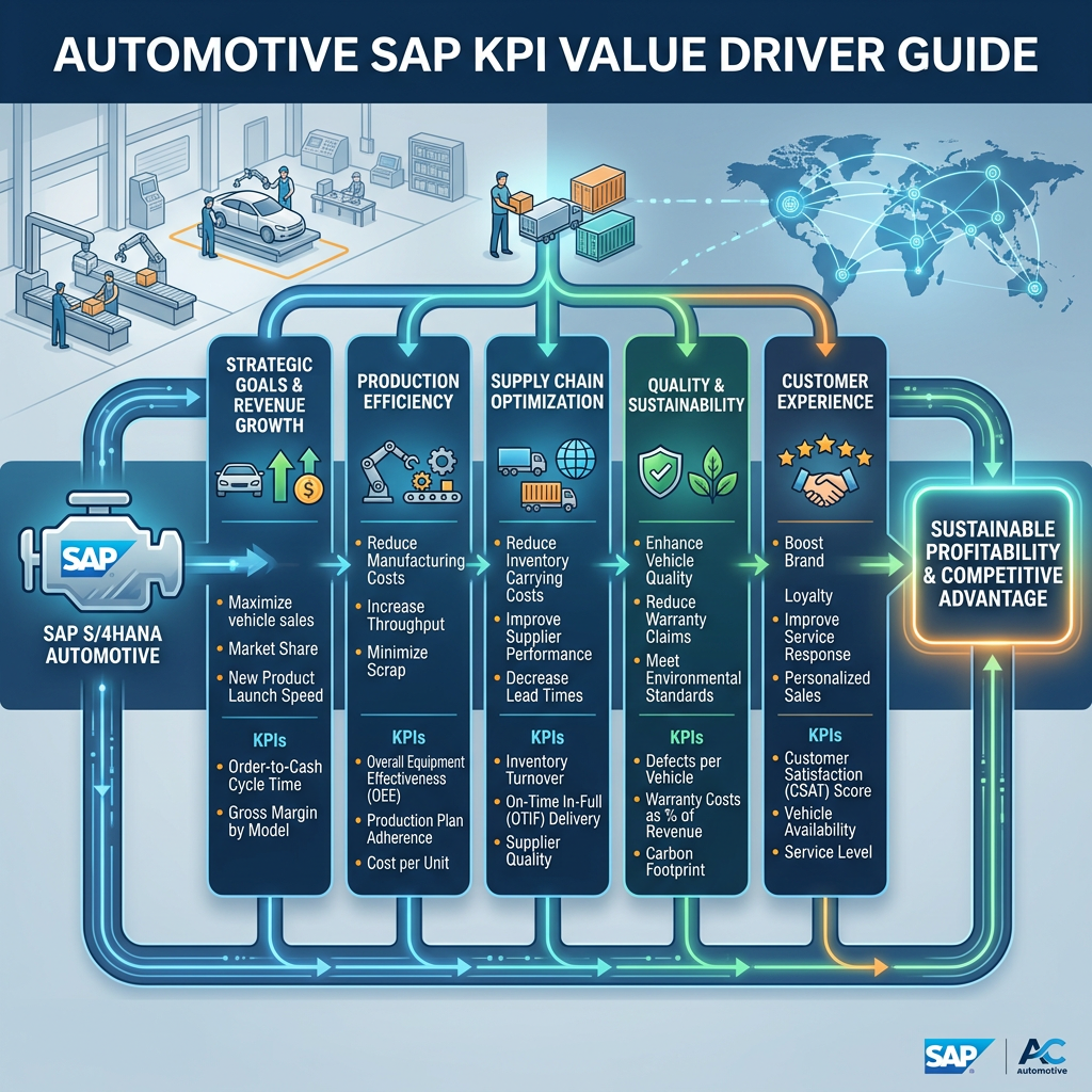 Infographic showing automotive SAP KPI value drivers including strategic goals, production efficiency, supply chain optimization, quality, and customer experience leading to profitability.