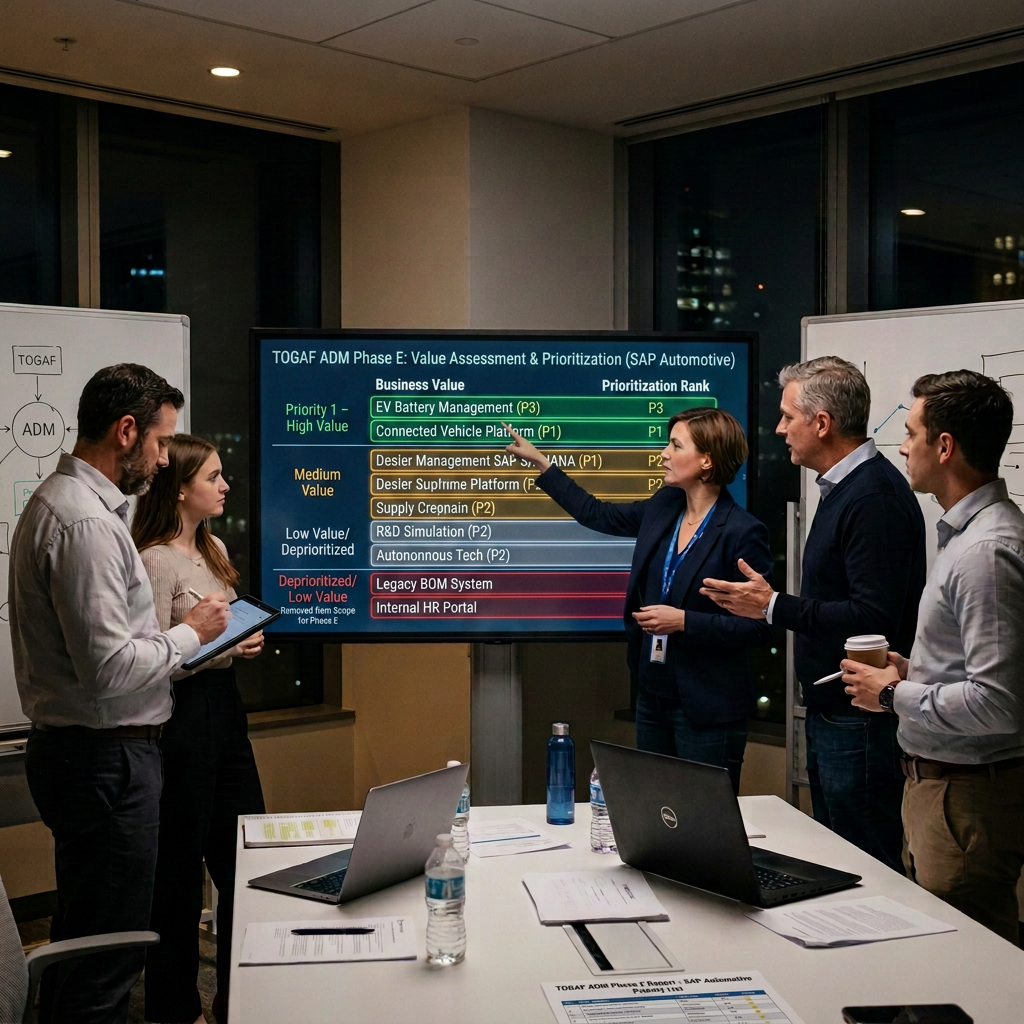 Team discussing an automotive strategy value-risk matrix on a presentation screen