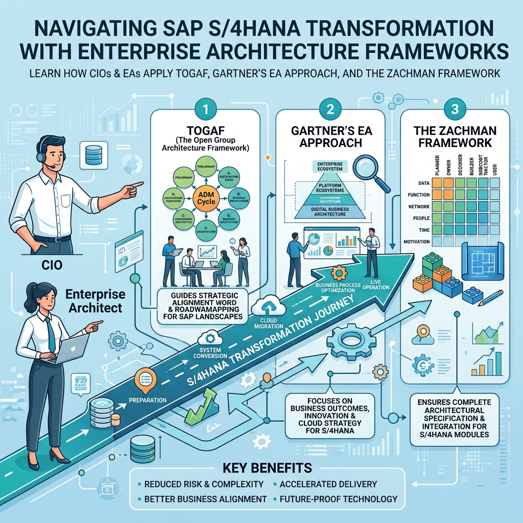 Infographic comparing TOGAF, Gartner’s EA approach, and the Zachman Framework for SAP S/4HANA transformation
