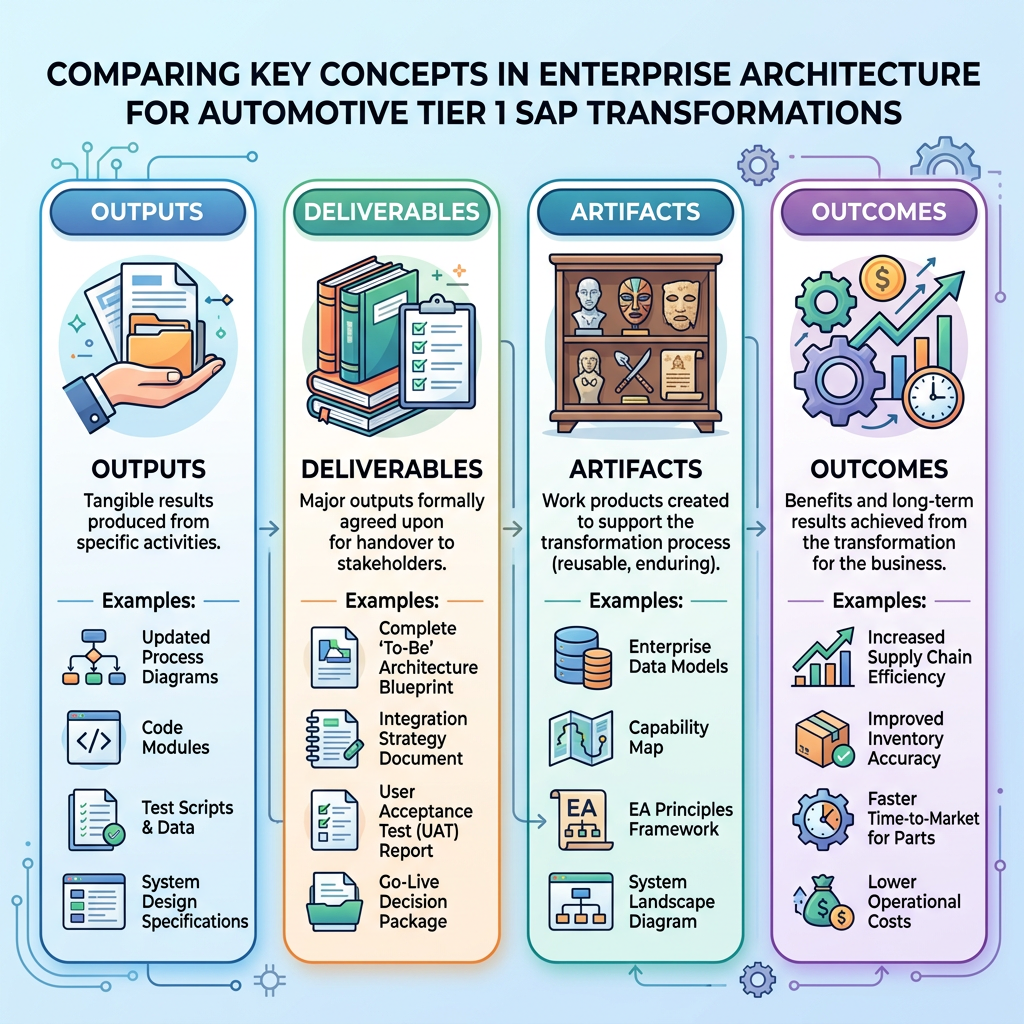 Infographic comparing outputs, deliverables, artifacts, and outcomes in automotive Tier 1 SAP transformations
