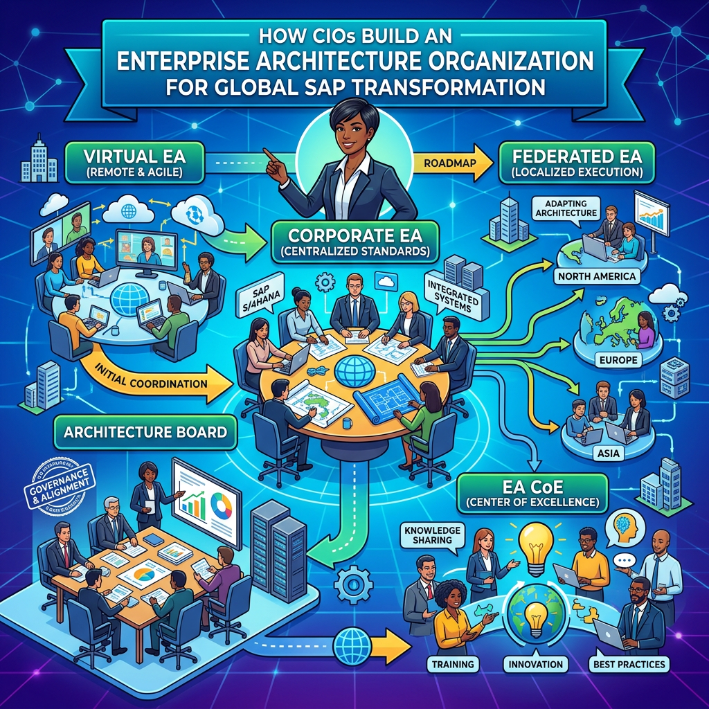Infographic showing CIO enterprise architecture roadmap for global SAP transformation