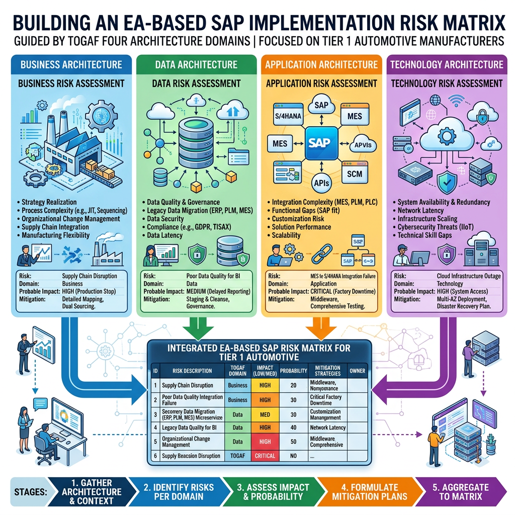 Infographic showing an EA-based SAP implementation risk matrix across four architecture domains