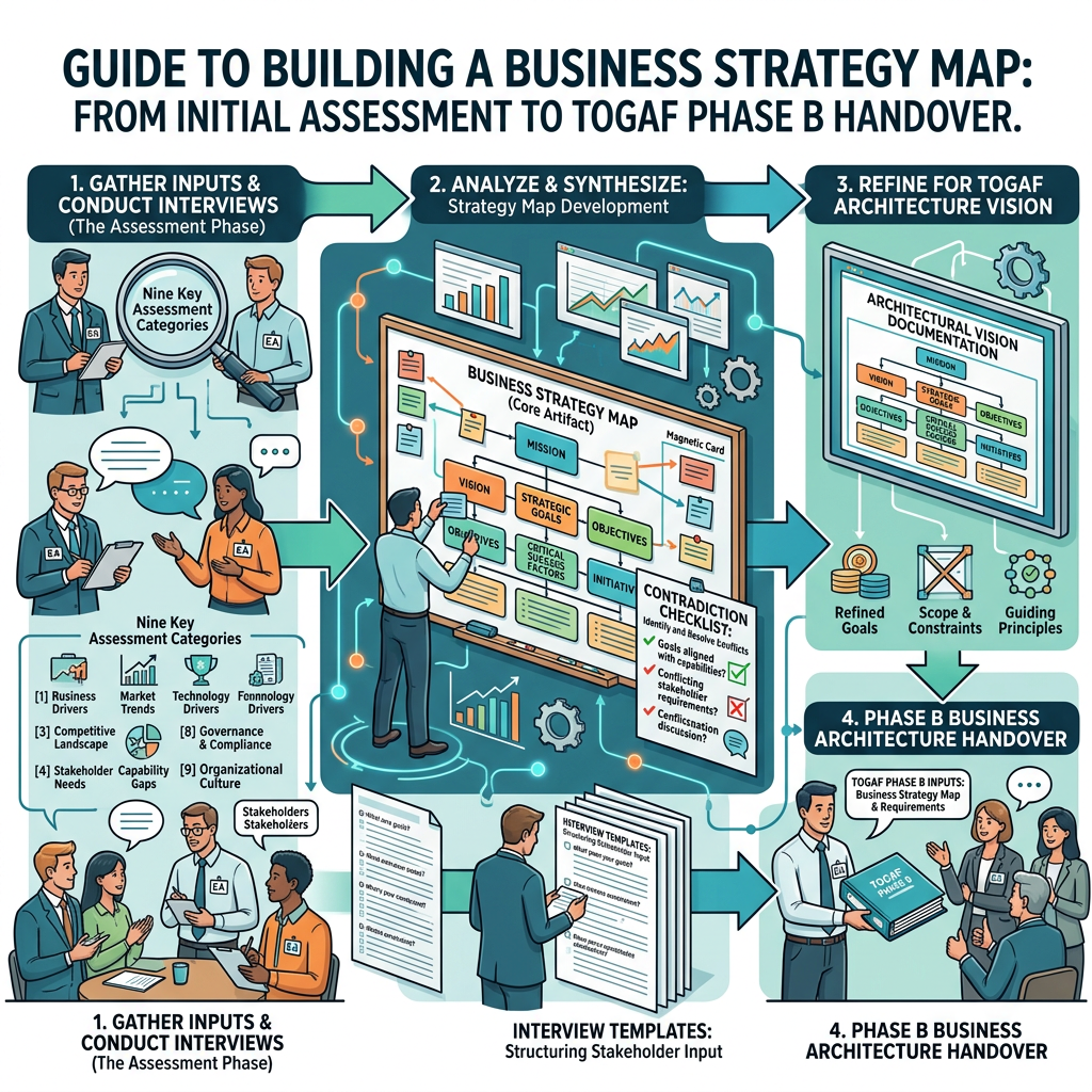 Infographic showing four steps from assessment interviews to TOGAF architecture handover