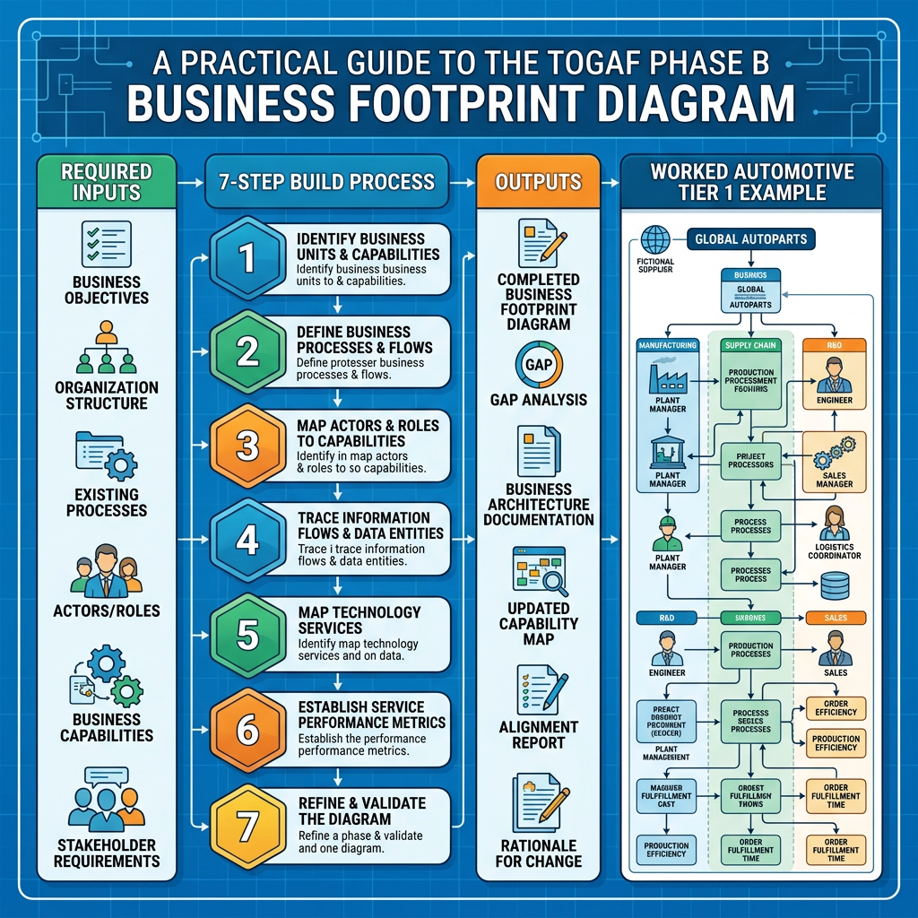 TOGAF Phase B business footprint diagram with seven-step process and automotive example