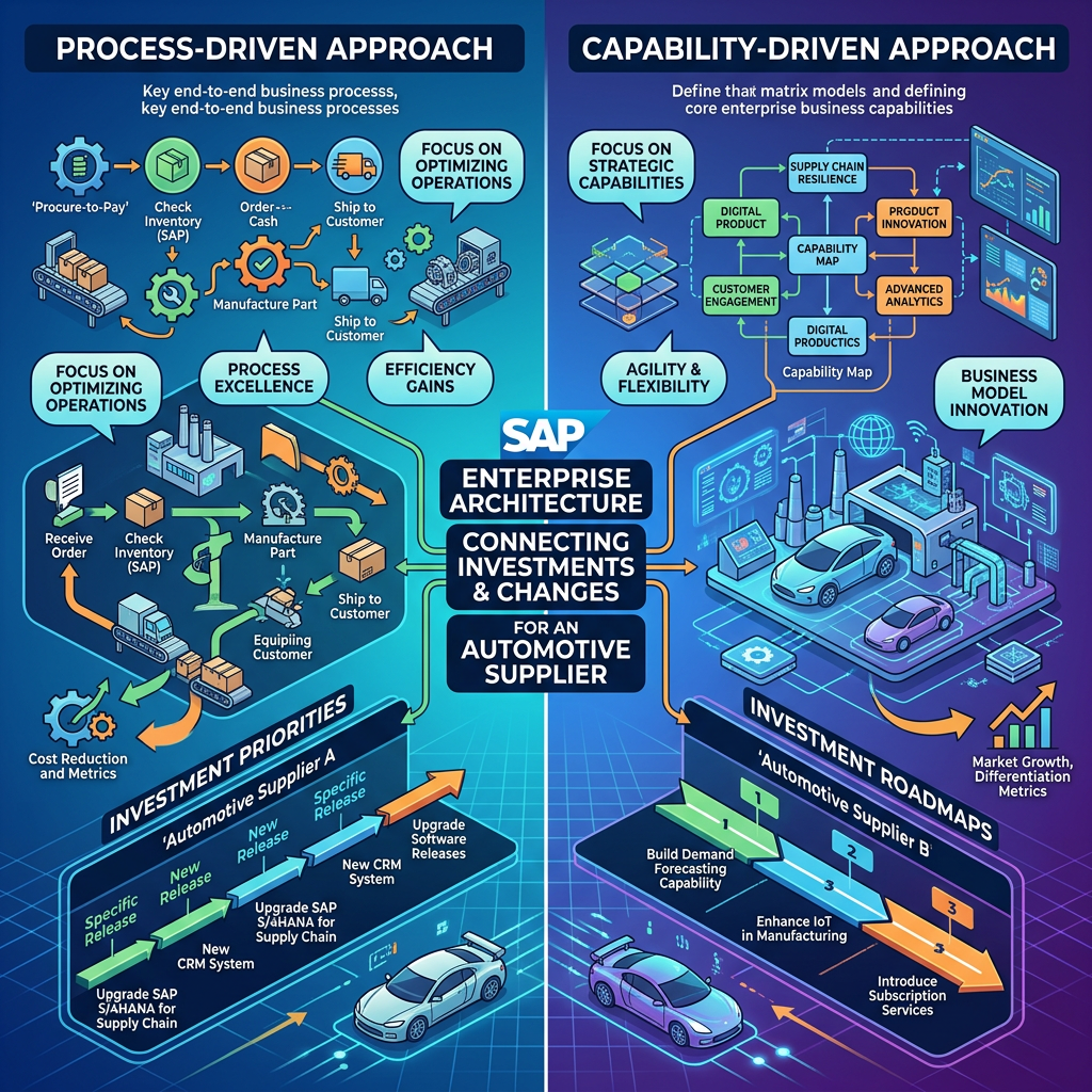 SAP infographic comparing process-driven and capability-driven approaches for an automotive supplier