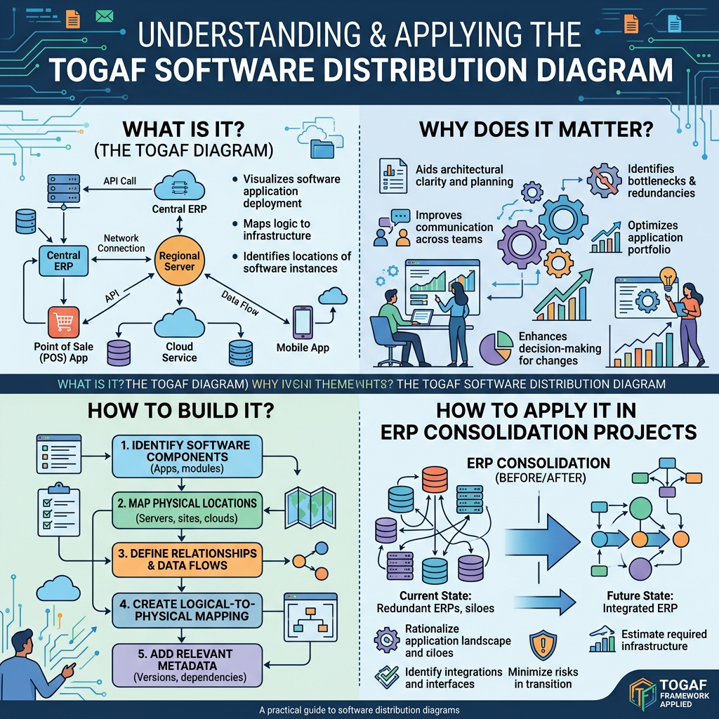 TOGAF software distribution diagram explaining ERP deployment, mapping, and consolidation