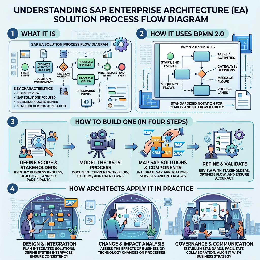Infographic explaining SAP enterprise architecture, BPMN 2.0, solution building, and practical application