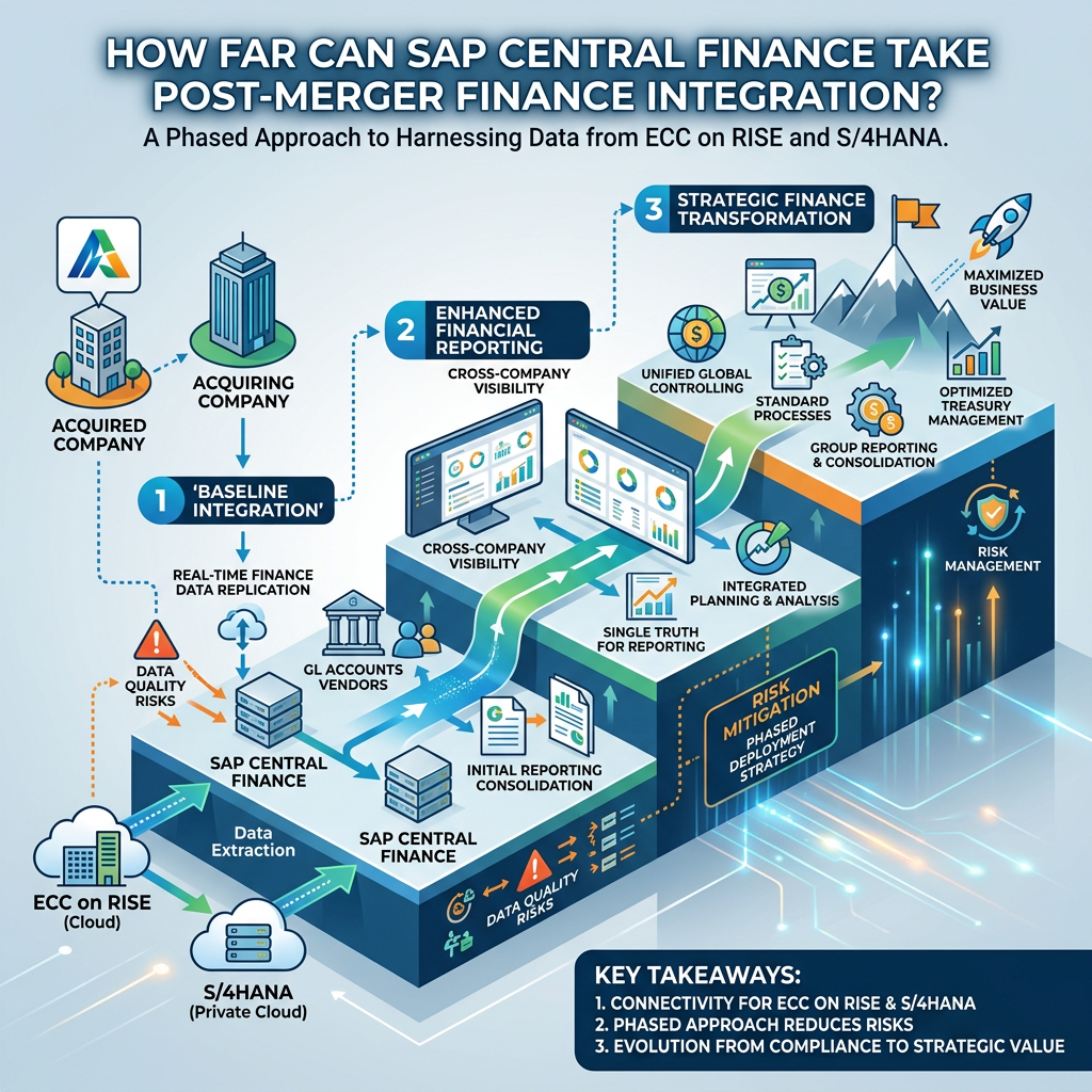 Infographic showing three phases of SAP Central Finance integration