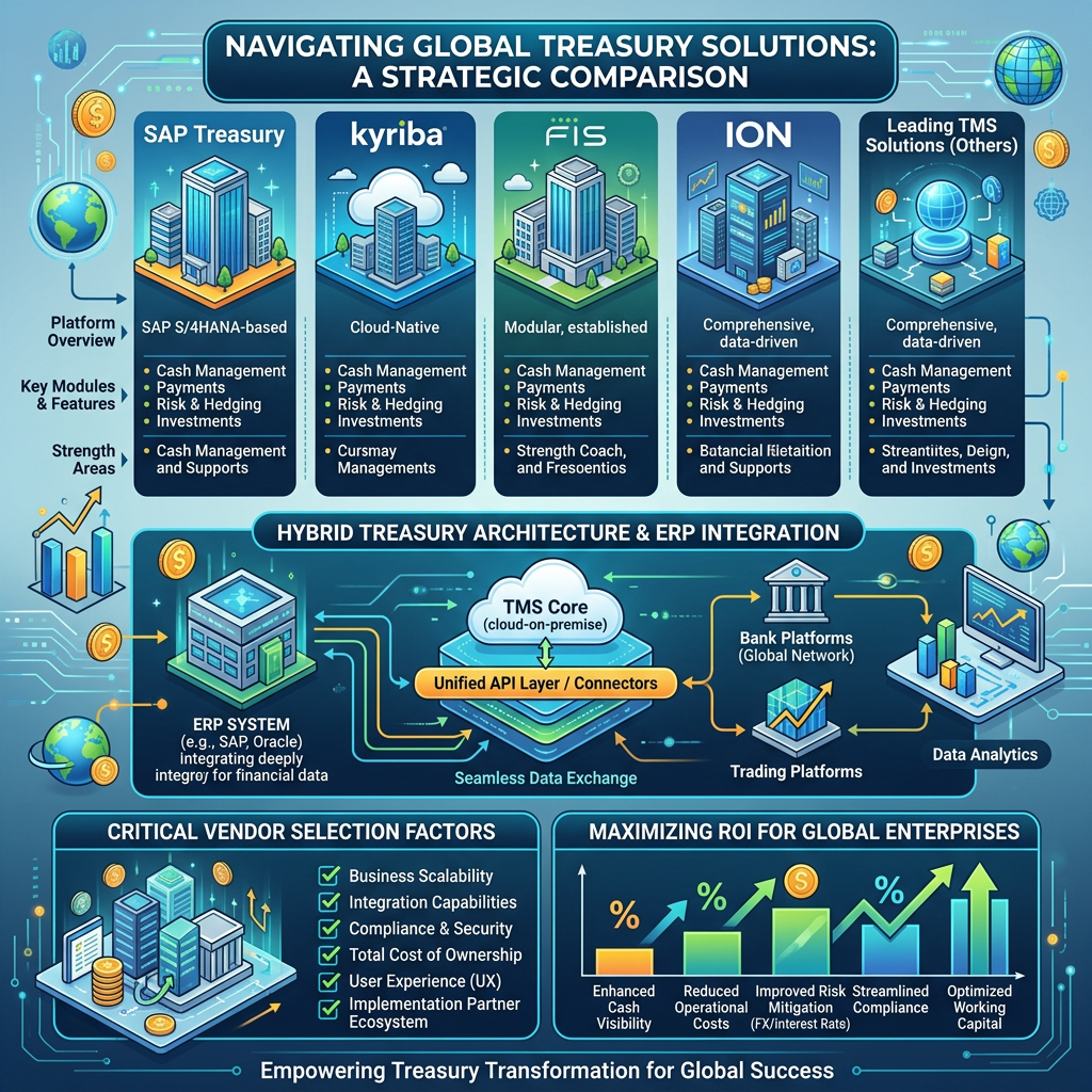 Infographic comparing SAP Treasury, Kyriba, FIS, ION, and other TMS solutions