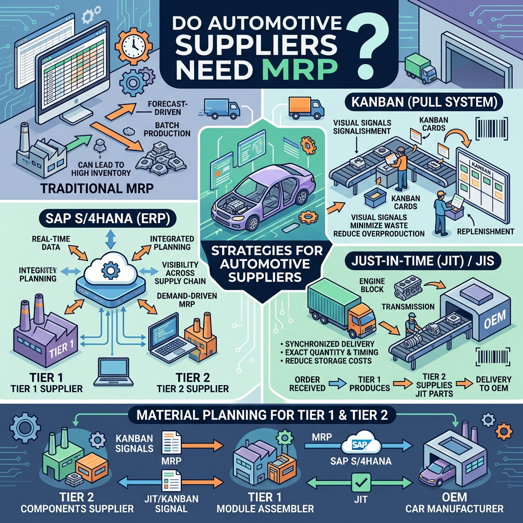 Infographic titled “Do Automotive Suppliers Need MRP?” comparing traditional MRP, SAP S/4HANA ERP, Kanban pull systems, just-in-time production, and tiered automotive supply chains.