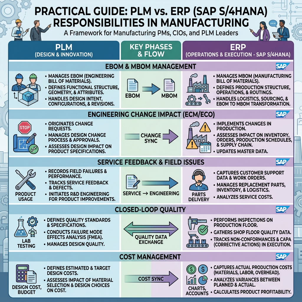 Infographic comparing PLM and ERP responsibilities in manufacturing