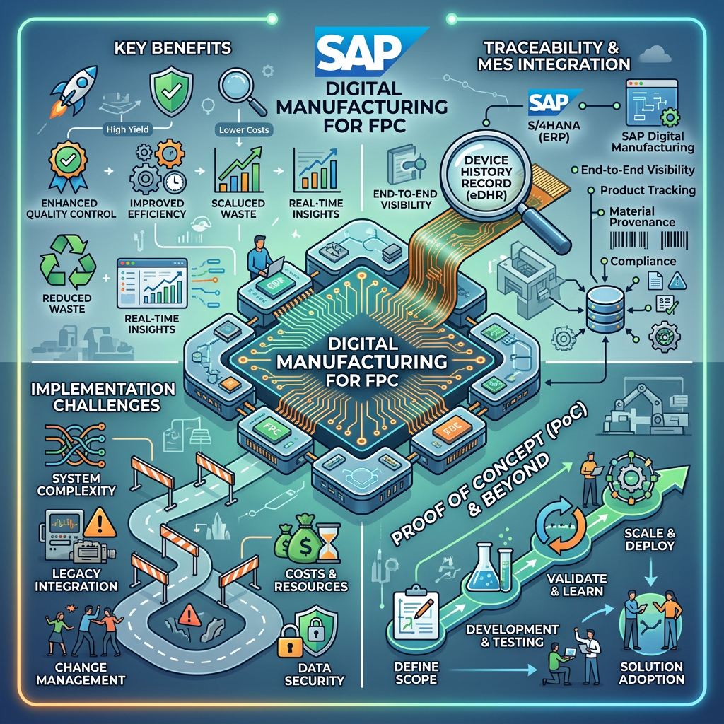 Infographic titled SAP Digital Manufacturing for FPC, showing benefits, traceability and MES integration, implementation challenges, and a proof-of-concept path from define scope through solution adoption.